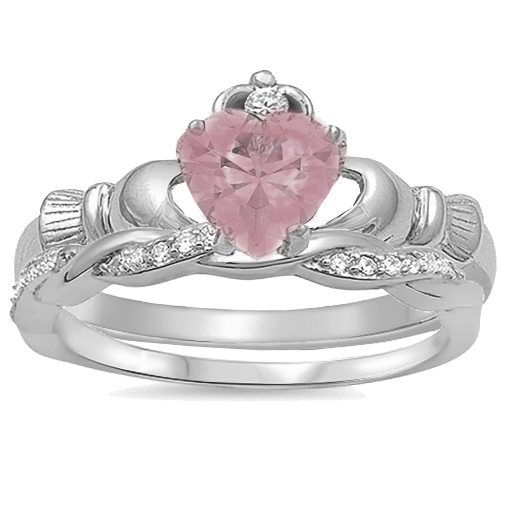 1 Carat Heart Cut Pink Topaz CZ Sterling Silver Wedding Engagement Ring Set for Women