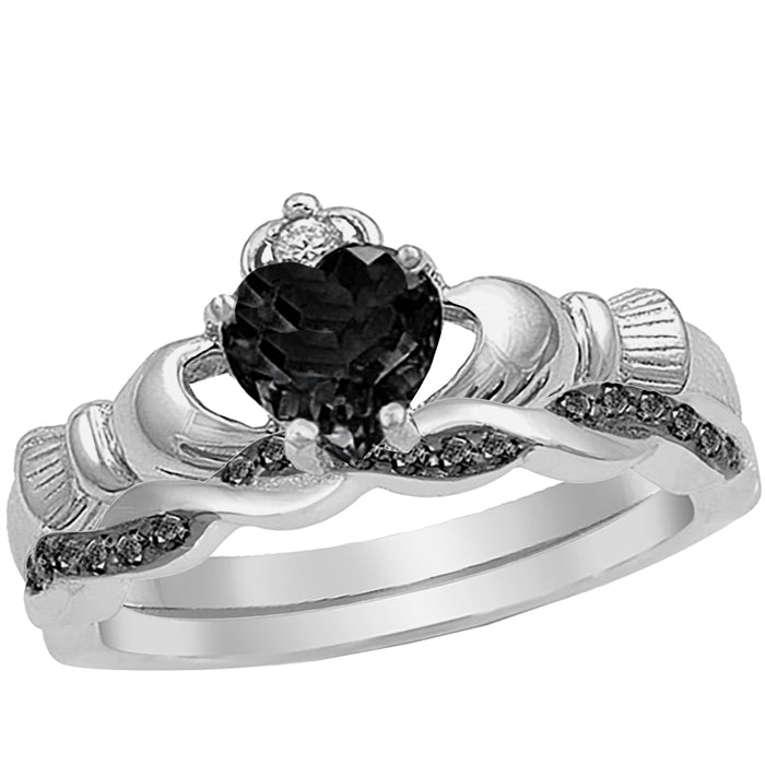 His Her Heart Cut Black CZ Celtic Sterling Silver Titanium Wedding Engagement Ring Set