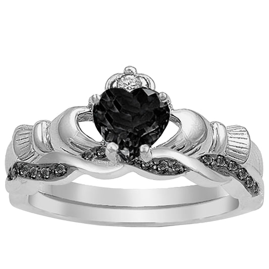 Front view of the women's heart-cut black cz bridal ring set, showing the engagement ring and matching wedding band on white.