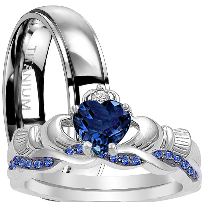 His Her Heart Cut Blue CZ Celtic Sterling Silver Titanium Wedding Engagement Ring Set