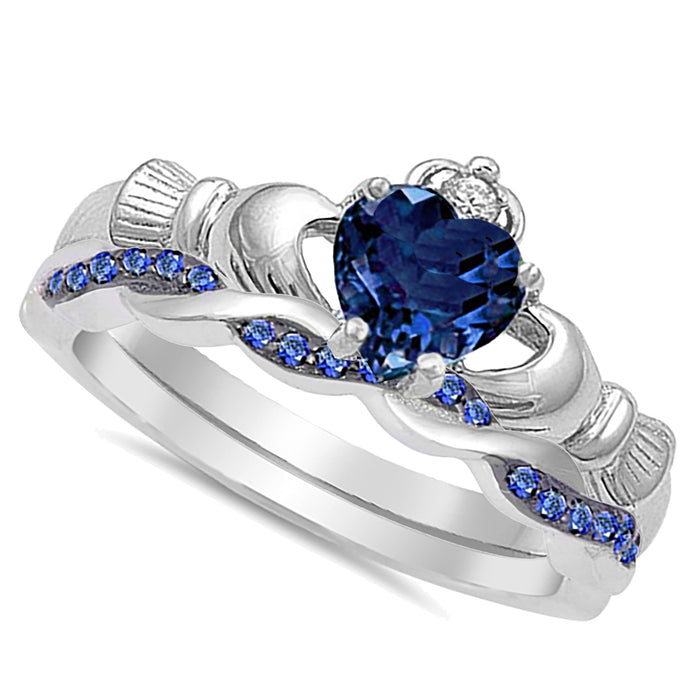 Simulated Sapphire Sterling Silver Claddagh Wedding Engagement Ring Set for Women