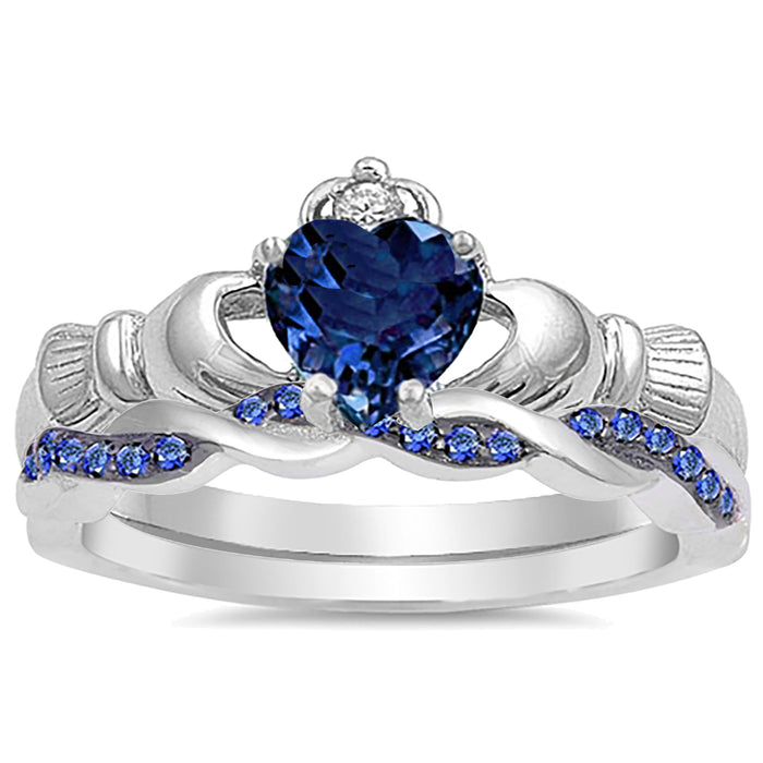 His Her Heart Cut Blue CZ Celtic Sterling Silver Titanium Wedding Engagement Ring Set