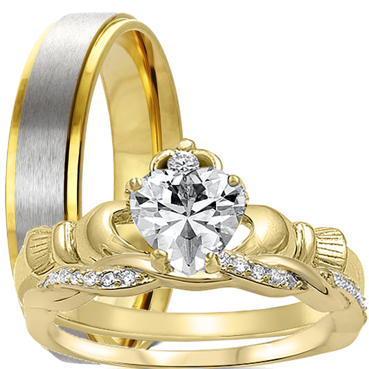 His and hers CZ wedding ring set with gold-plated sterling silver bridal rings and stainless steel men's band on white background