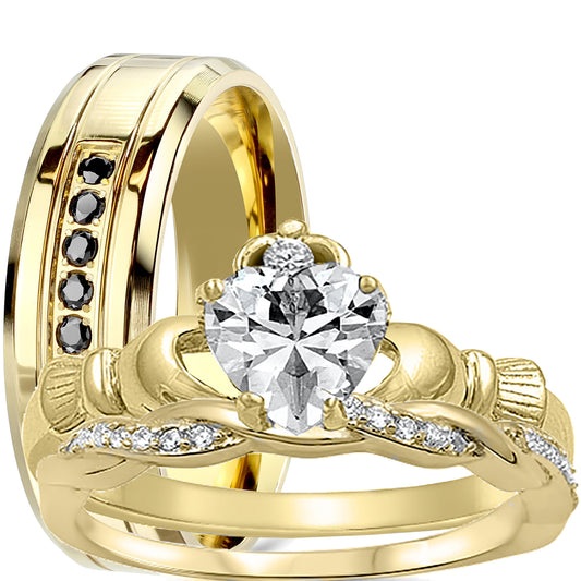 His and hers CZ wedding ring set with gold-plated sterling silver bridal rings and stainless steel men's band on white background