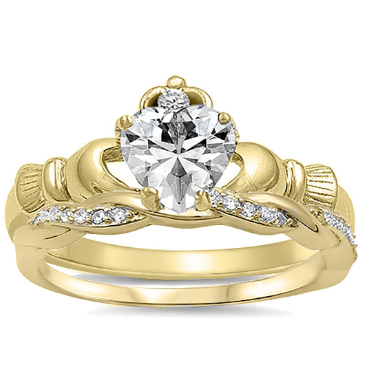 Front view of the women's cz bridal ring set, showing the engagement ring and matching wedding band on white.
