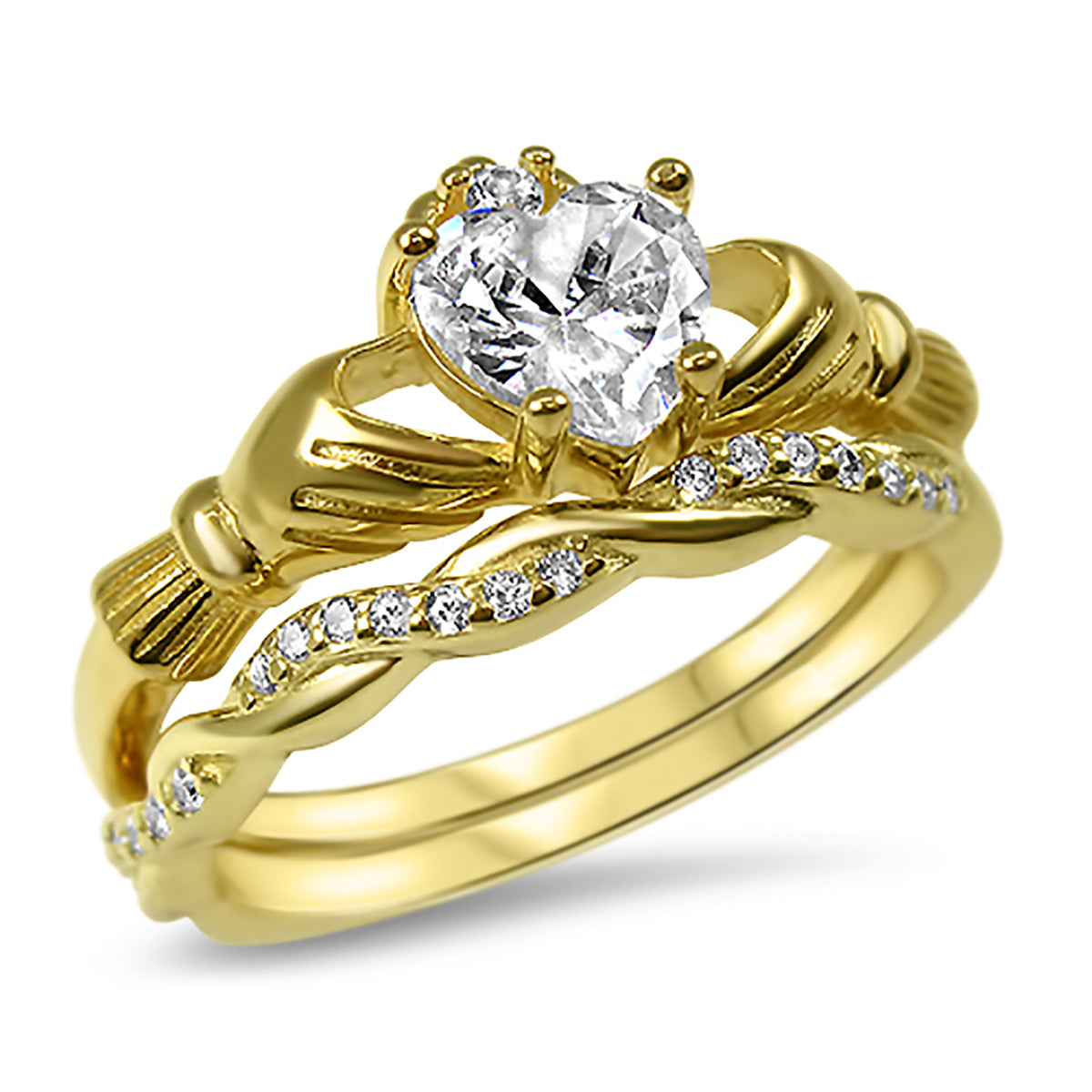 Alternate view of gold Plated Sterling Silver Claddagh Wedding and Engagement Ring Set