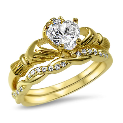 Alternate view of gold Plated Sterling Silver Claddagh Wedding and Engagement Ring Set