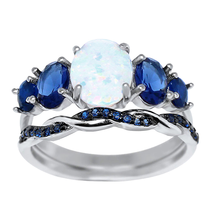 His Hers Wedding Set His Her Silver White Opal Wedding Rings for Him & Her