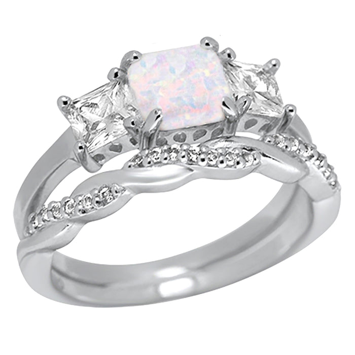 silver white opal cz wedding engagement ring set