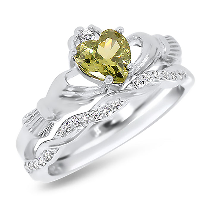 Celtic Claddaugh Peridot October Birthstone Wedding Set