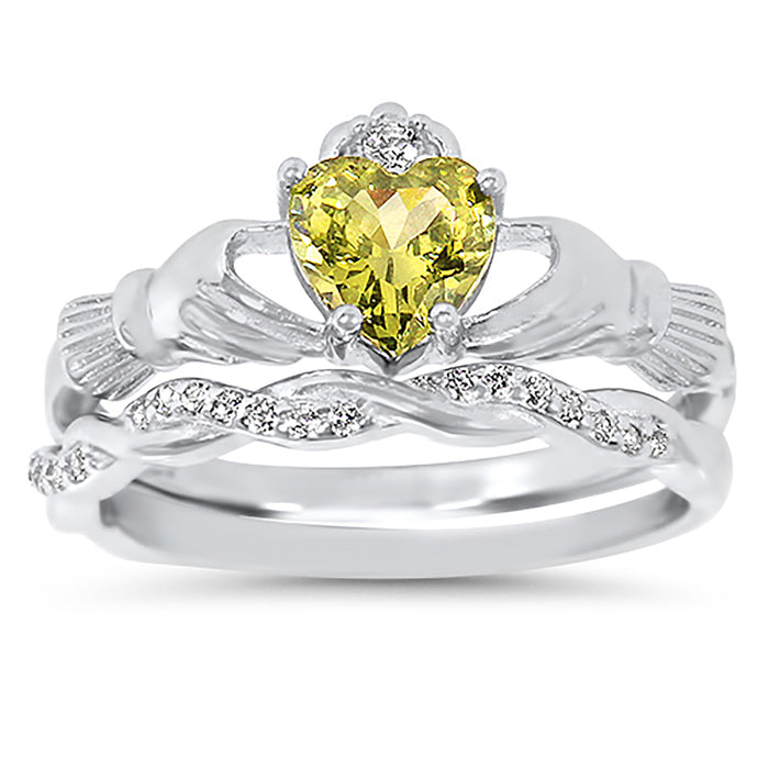 Celtic Claddaugh Peridot October Birthstone Wedding Set