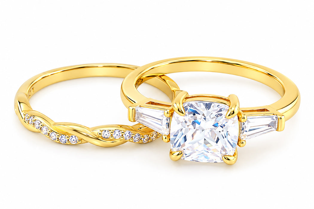 LaRaso & Co 1 CT Round Cut White CZ 14K Gold Plated Silver Wedding Engagement Ring Set Size 5