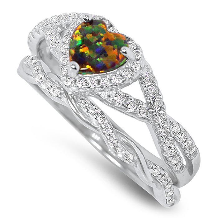 Fire Opal Heart Infinity Wedding Engagement Ring Set