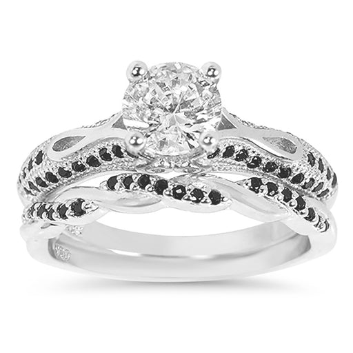 Black White Solitaire Wedding Engagement Ring Set