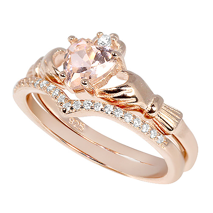 Rose Gold Plated Sterling Silver Claddaugh Wedding Engagement Ring Set for Women