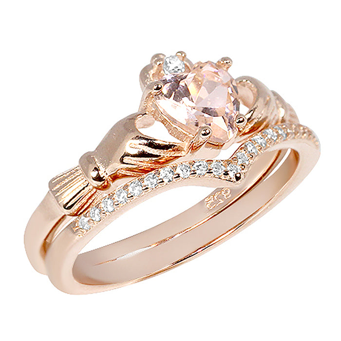 Rose Gold Plated Sterling Silver Claddaugh Wedding Engagement Ring Set for Women