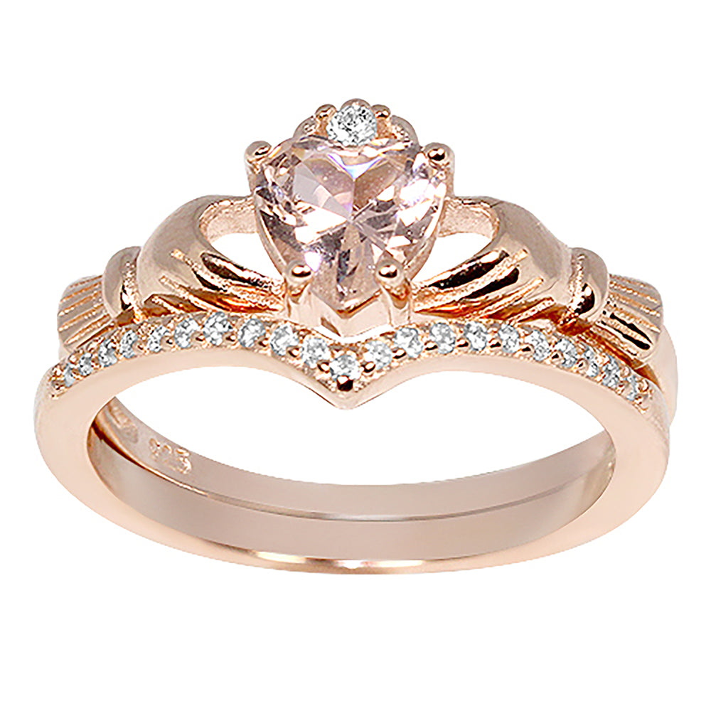 Rose Gold Plated Sterling Silver Claddaugh Wedding Engagement Ring Set for Women