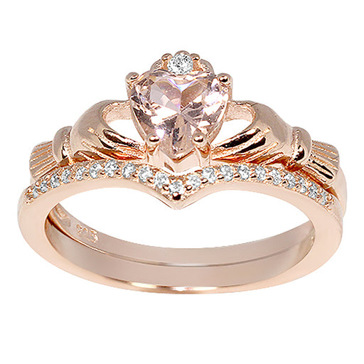 Rose Gold Plated Sterling Silver Claddaugh Wedding Engagement Ring Set for Women