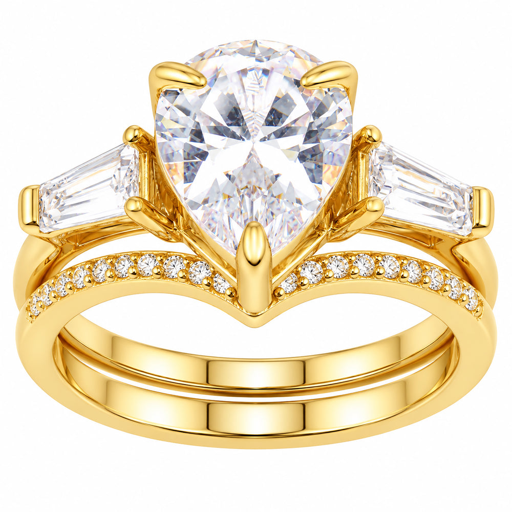 LaRaso & Co 3 CT Pear Cut White CZ 14K Gold Plated Silver Wedding Engagement Ring Set