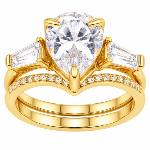 LaRaso & Co 3 CT Pear Cut White CZ 14K Gold Plated Silver Wedding Engagement Ring Set