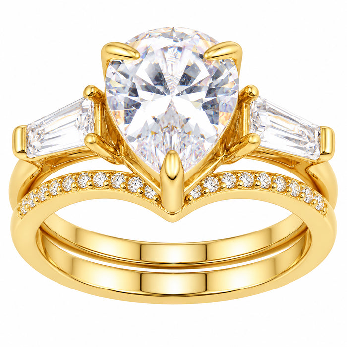 LaRaso & Co 3 CT Pear Cut White CZ 14K Gold Plated Silver Wedding Engagement Ring Set