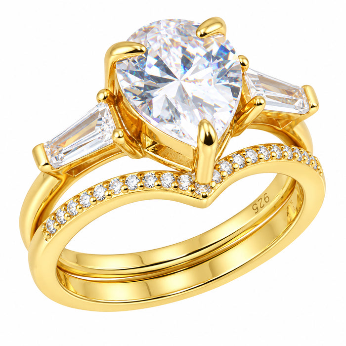 LaRaso & Co 3 CT Pear Cut White CZ 14K Gold Plated Silver Wedding Engagement Ring Set