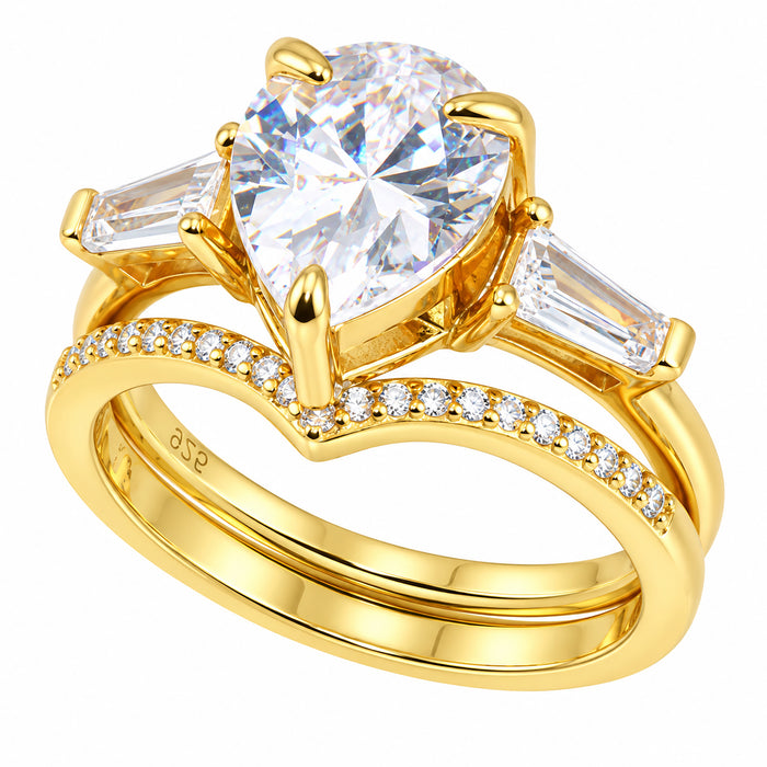 LaRaso & Co 3 CT Pear Cut White CZ 14K Gold Plated Silver Wedding Engagement Ring Set