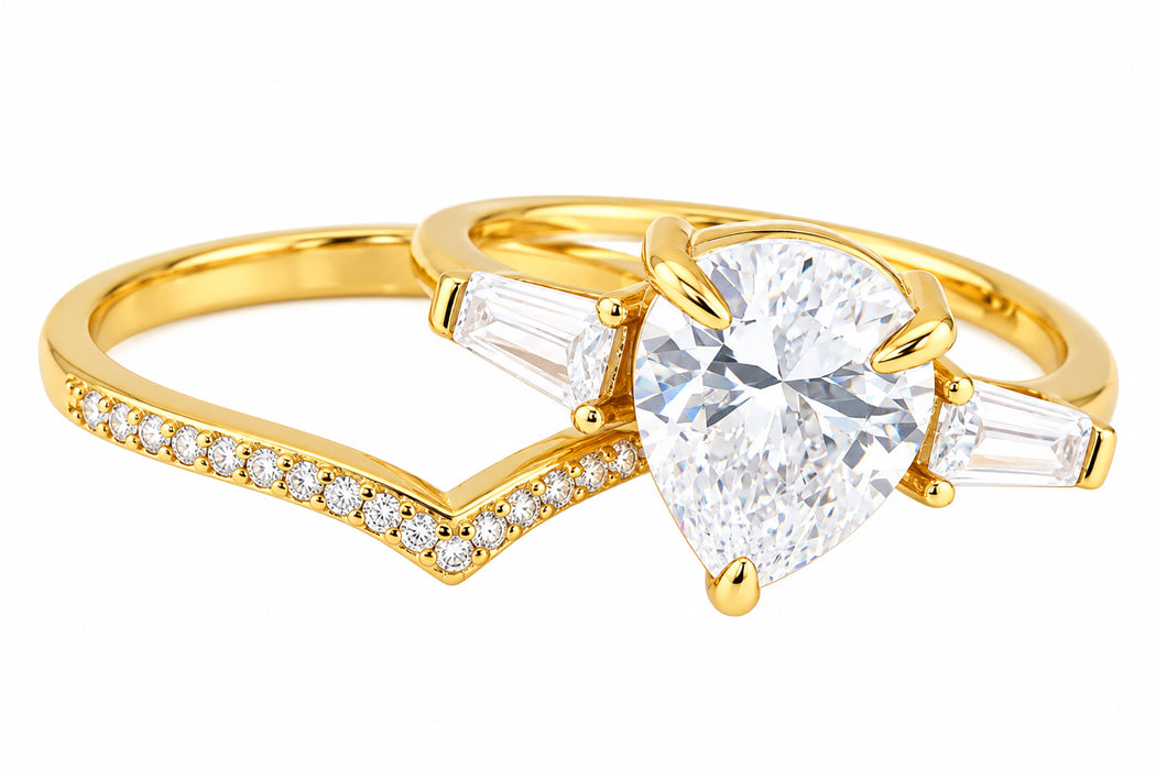 LaRaso & Co 3 CT Pear Cut White CZ 14K Gold Plated Silver Wedding Engagement Ring Set