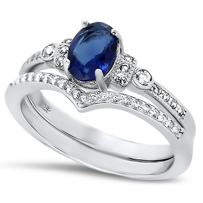 Oval Simulated Blue Sapphire Wedding Engagement Ring Set for Women