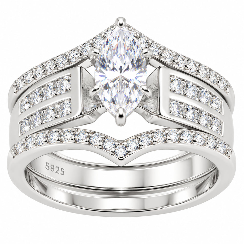 LaRaso & Co Sterling Silver CZ Trio Wedding Ring Set, .75 Ct Marquise Bridal Set