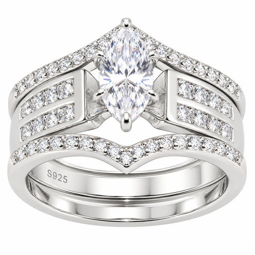 LaRaso & Co Sterling Silver CZ Trio Wedding Ring Set, .75 Ct Marquise Bridal Set
