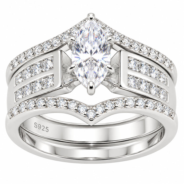 LaRaso & Co Sterling Silver CZ Trio Wedding Ring Set, .75 Ct Marquise Bridal Set