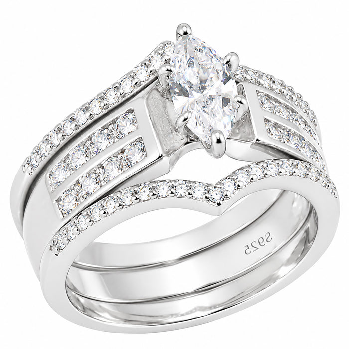 LaRaso & Co Sterling Silver CZ Trio Wedding Ring Set, .75 Ct Marquise Bridal Set