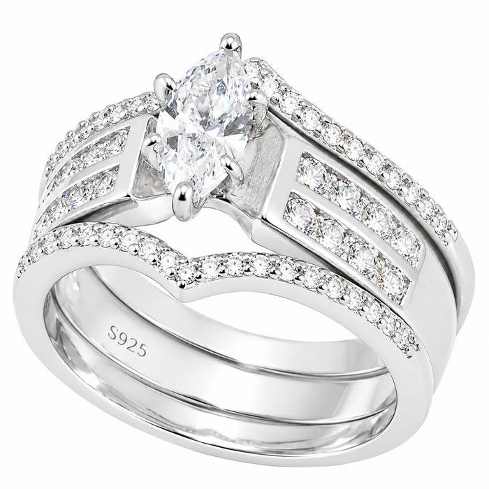LaRaso & Co Sterling Silver CZ Trio Wedding Ring Set, .75 Ct Marquise Bridal Set