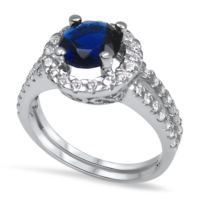 Simulated Blue Sapphire Halo Wedding Engagement Ring Set for Women