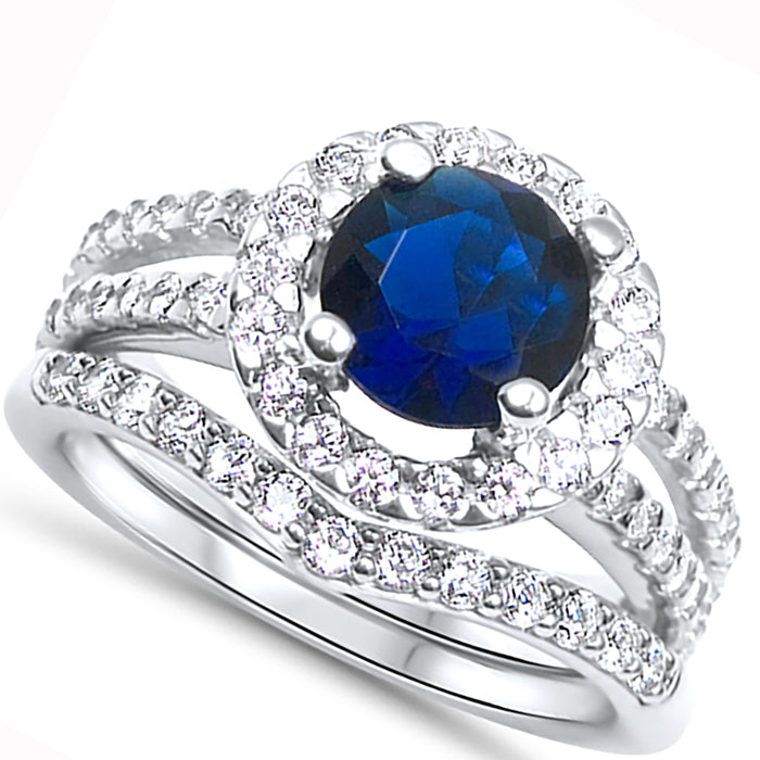 Simulated Blue Sapphire Halo Wedding Engagement Ring Set for Women