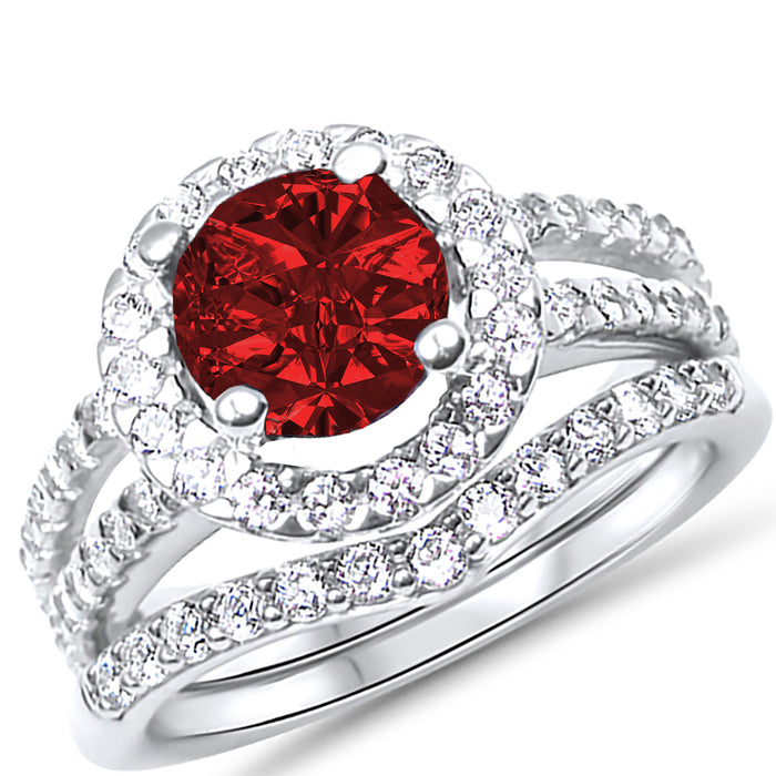 His and Her Wedding Rings, Ruby Red CZ Silver Titanium Wedding Engagement Couples Rings Set