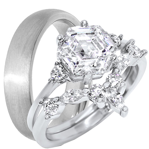 His and Her Art Deco Wedding Engagement Ring Set