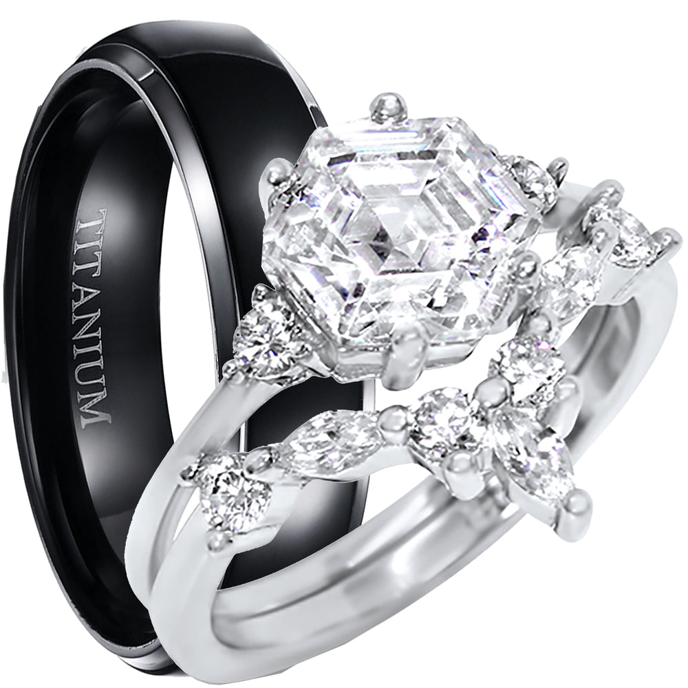 His and Her Art Deco Wedding Engagement Ring Set