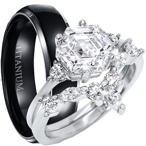 His and Her Art Deco Wedding Engagement Ring Set