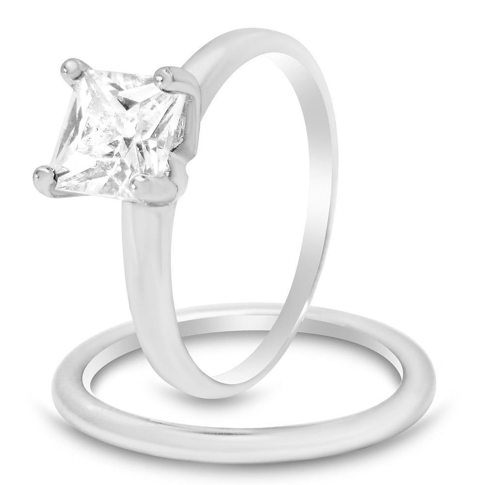 Princess Cut CZ Sterling Silver Wedding Engagement Ring Set for Women