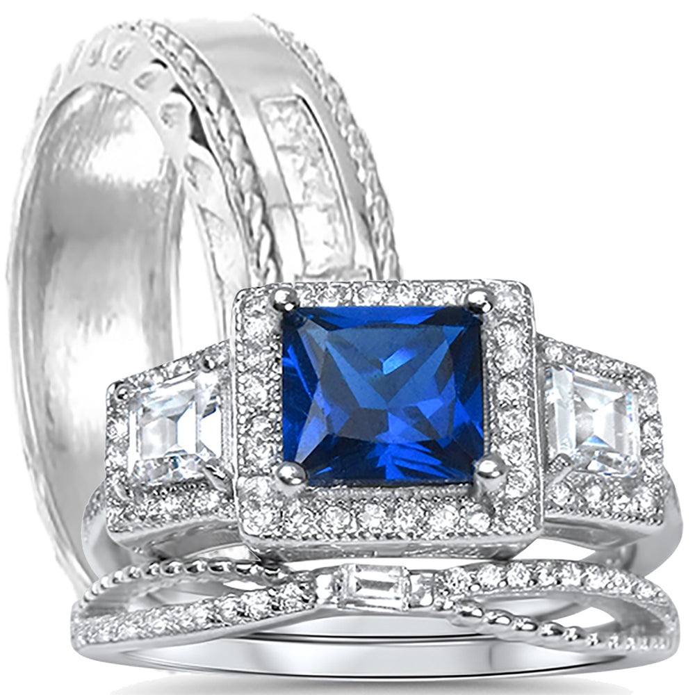 His Her Simulated Blue Sapphire Sterling Silver Wedding Ring Set