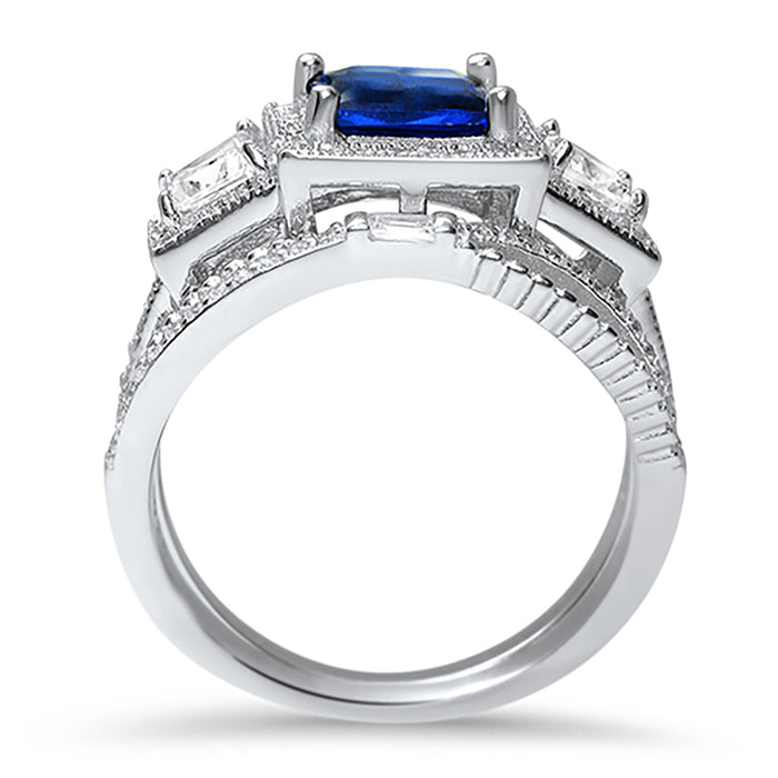 2 Carat Princess Cut Sapphire Blue CZ Wedding Engagement Ring Set for Women