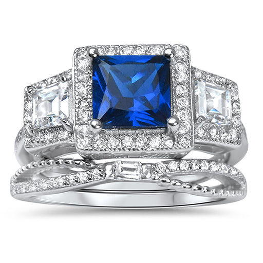 2 Carat Princess Cut Sapphire Blue CZ Wedding Engagement Ring Set for Women