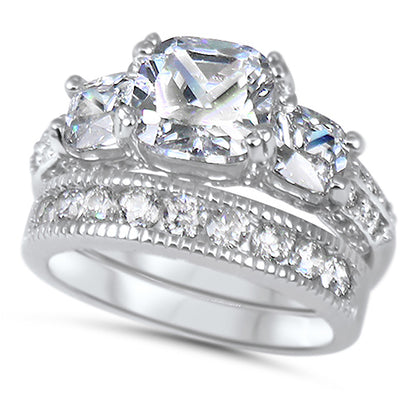 Front view of vintage Style CZ Silver Wedding and Engagement Ring Set