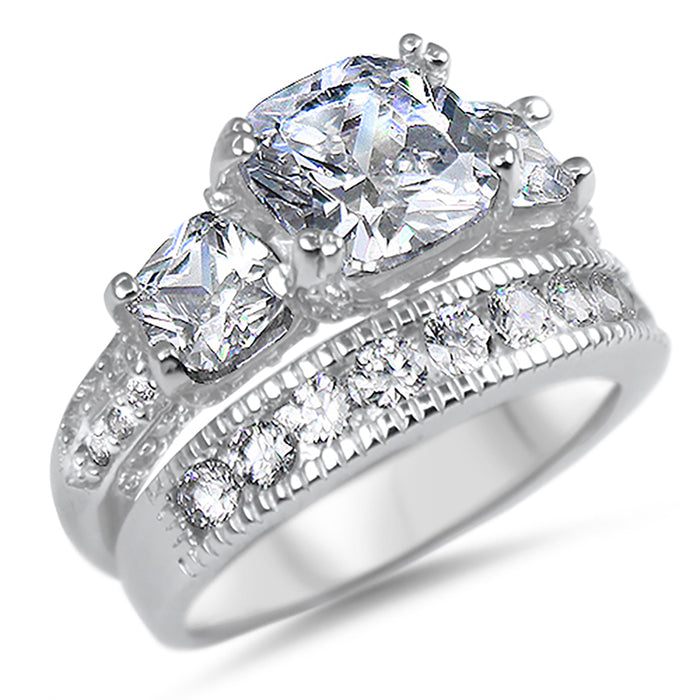 Vintage Style CZ Silver Wedding Engagement Ring Set for Women