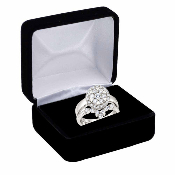 Art Deco Halo Setting Bridal Wedding Engagement Ring Set Sterling Silver for Women