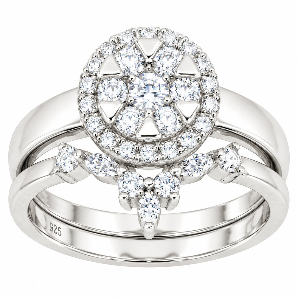 Art Deco Halo Setting Bridal Wedding Engagement Ring Set Sterling Silver for Women