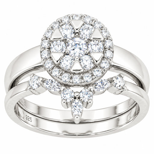 Art Deco Halo Setting Bridal Wedding Engagement Ring Set Sterling Silver for Women