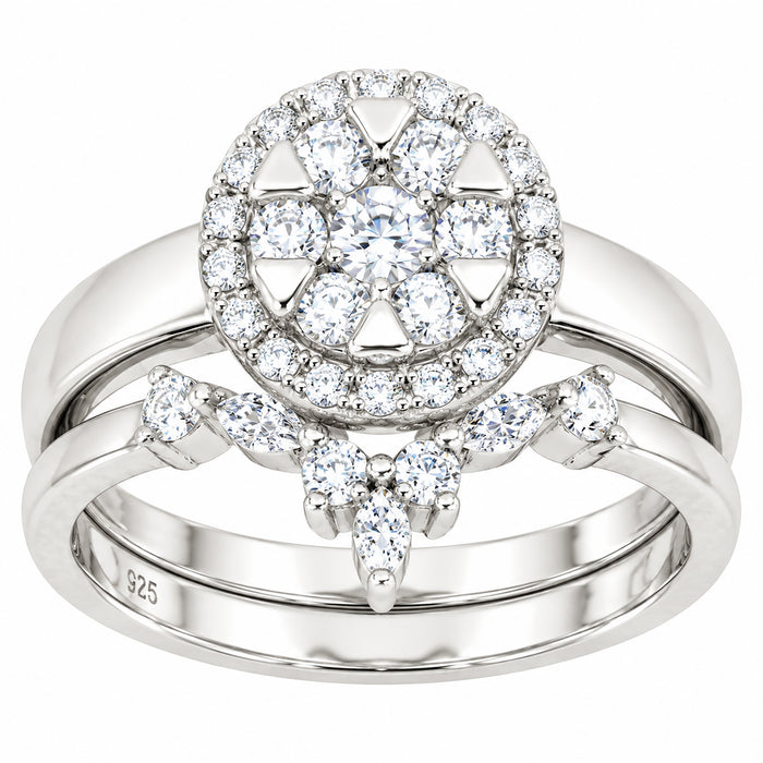 Art Deco Halo Setting Bridal Wedding Engagement Ring Set Sterling Silver for Women